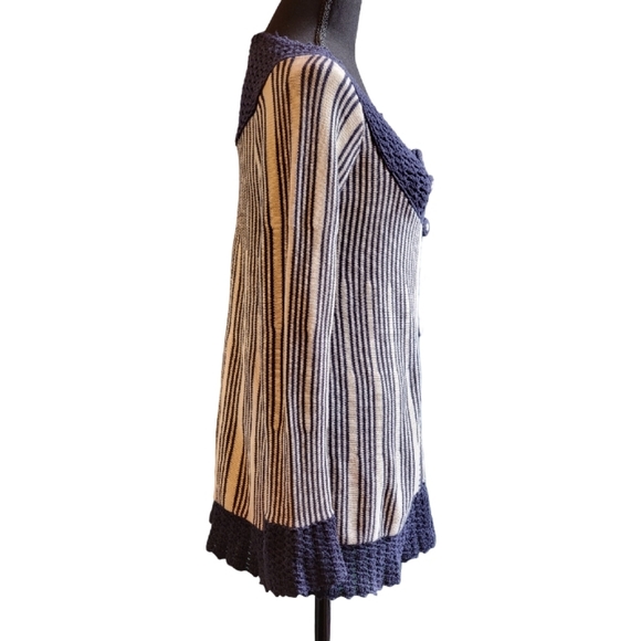 ANTHROPOLOGIE SPARROW SZ S Blue & Ivory Striped Cardigan Sweater Crochet Trim - Picture 3 of 10